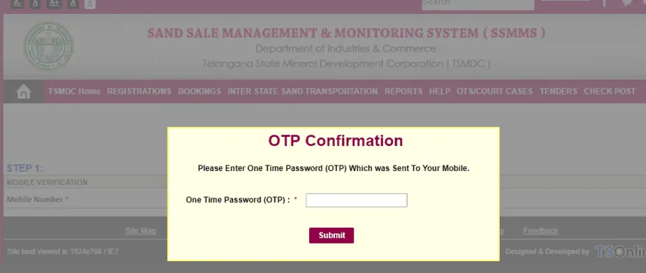 OTP Verification For Online Sand Booking Telangana