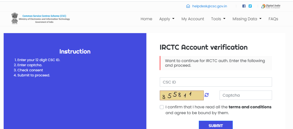 IRCTC Account verification- CSC Online Registration